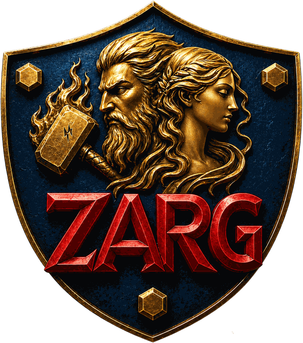 Stemma ZARG: un guerriero e una figura laureata, un martello infuocato, incorniciati da uno scudo blu e oro.